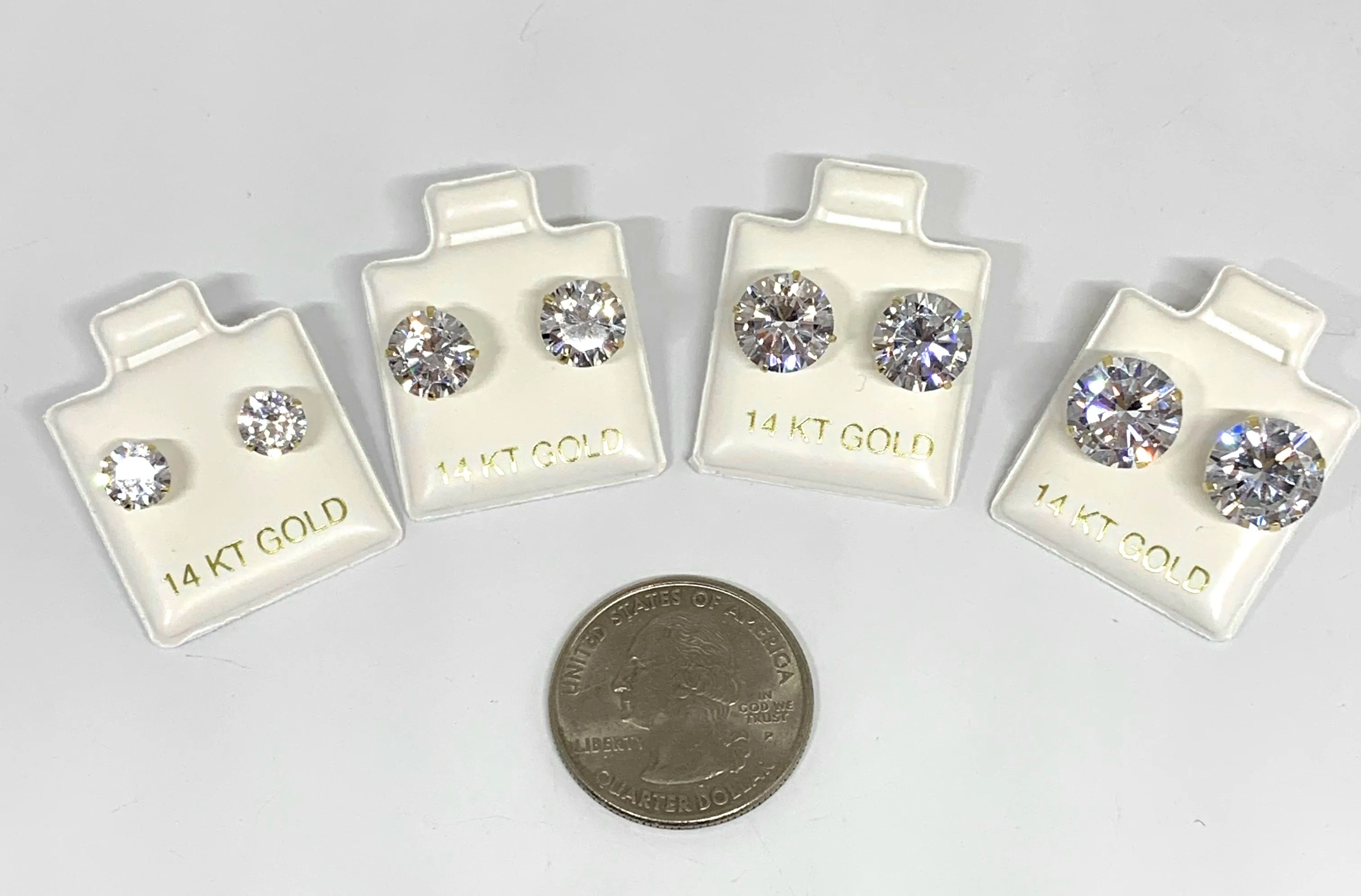 14k Solid Gold Cubic Zirconia Stud Earrings 3-10mm