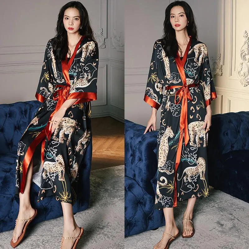 Black Print Floral Long Robe Nightgown Half Sleeve