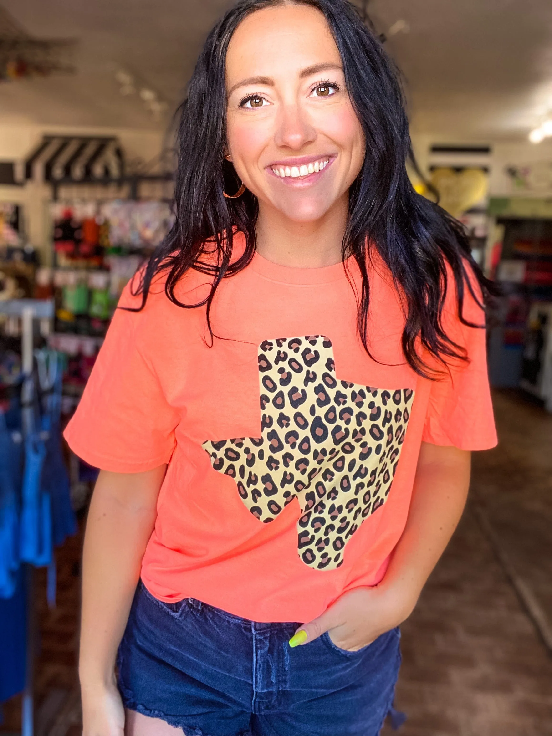 Bright Coral Leopard Texas Tee