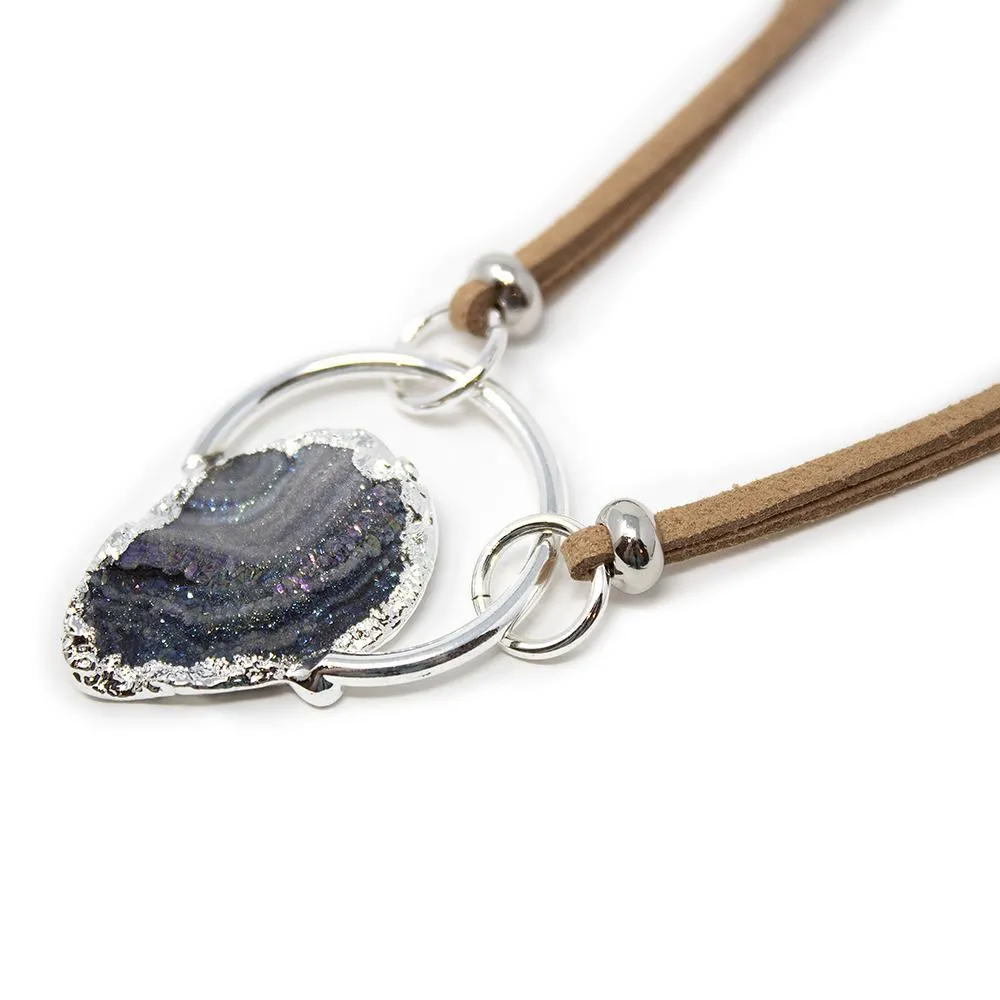 Brown Suede Long Necklace with Druzy Stone Rhodium Plated