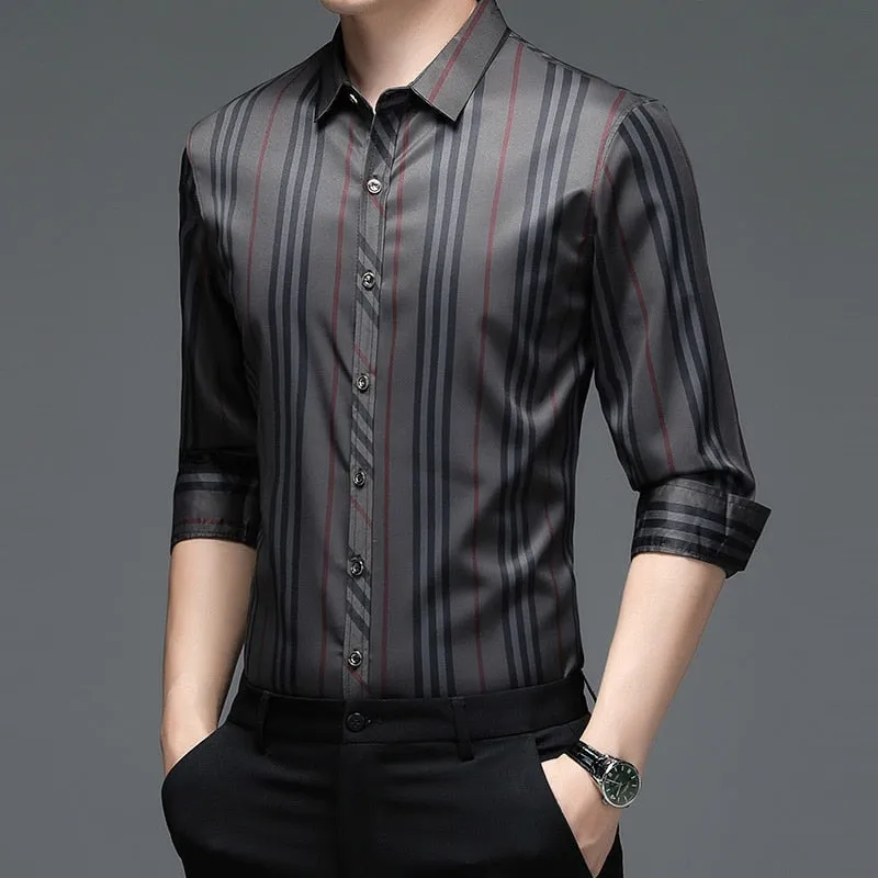 Casual Style Striped Pattern Square Collar Long Sleeve Shirt for Men