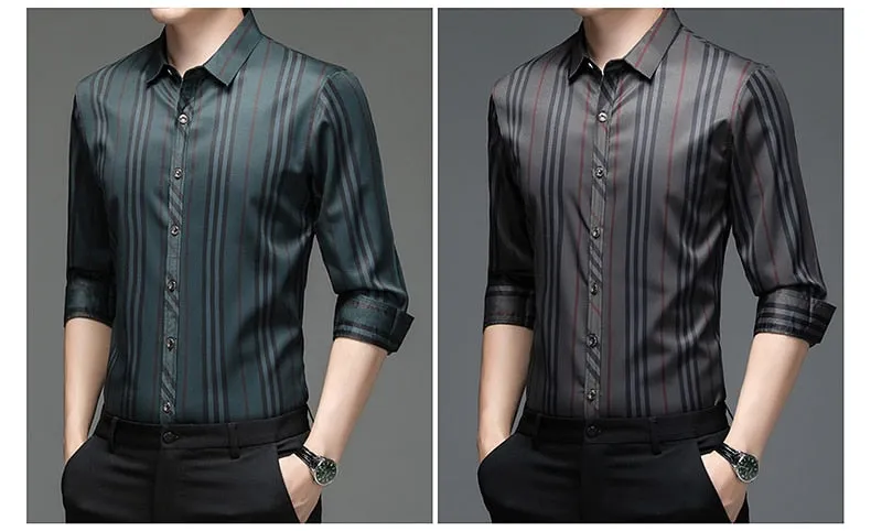 Casual Style Striped Pattern Square Collar Long Sleeve Shirt for Men