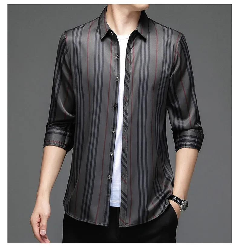 Casual Style Striped Pattern Square Collar Long Sleeve Shirt for Men