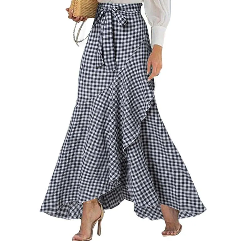 Celmia Women Vacation High-waisted Plaid Mermaid Asymmetrical Ruffled Hem Skirt S3407742