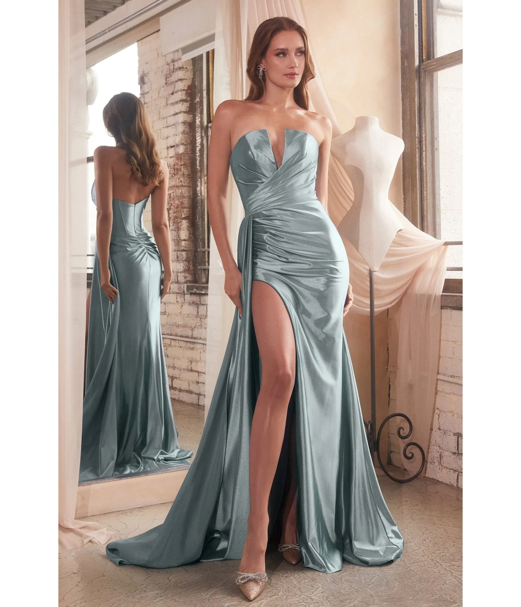 Cinderella Divine Dusty Blue Strapless Satin Bridesmaid Dress