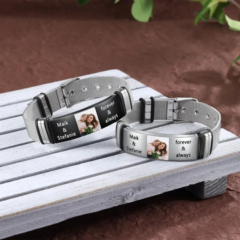 Custom Engraved Photo and Name Bracelet for Men Stainless Steel Adjustable