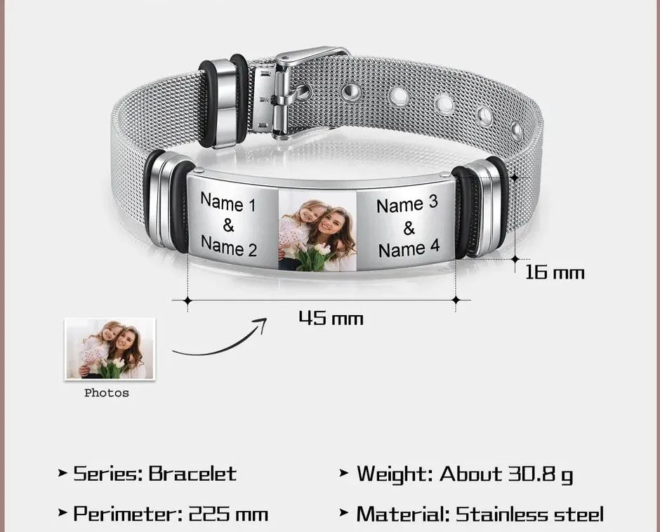 Custom Engraved Photo and Name Bracelet for Men Stainless Steel Adjustable