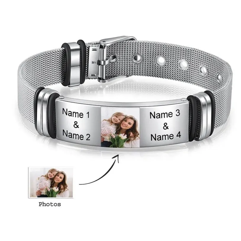 Custom Engraved Photo and Name Bracelet for Men Stainless Steel Adjustable