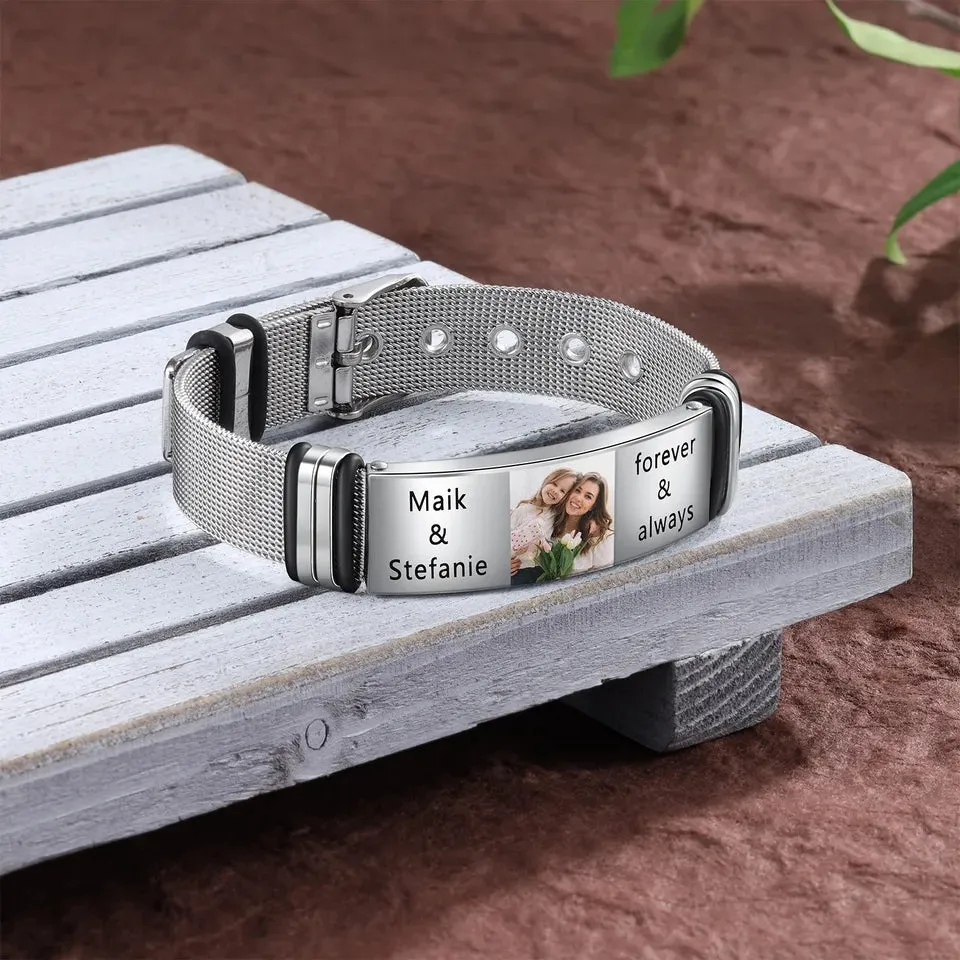 Custom Engraved Photo and Name Bracelet for Men Stainless Steel Adjustable