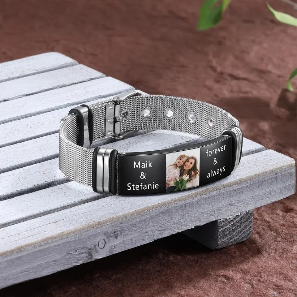 Custom Engraved Photo and Name Bracelet for Men Stainless Steel Adjustable