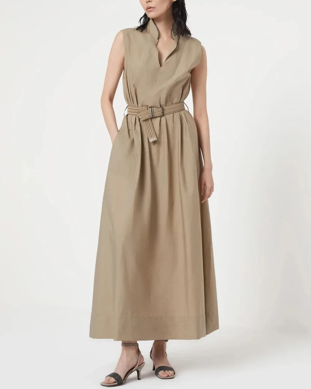 Dark Beige Sleeveless Belted Midi Dress