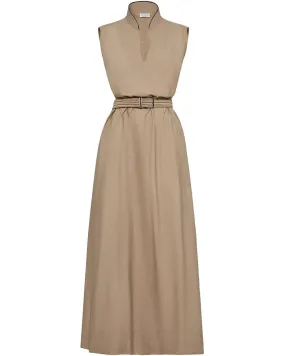 Dark Beige Sleeveless Belted Midi Dress