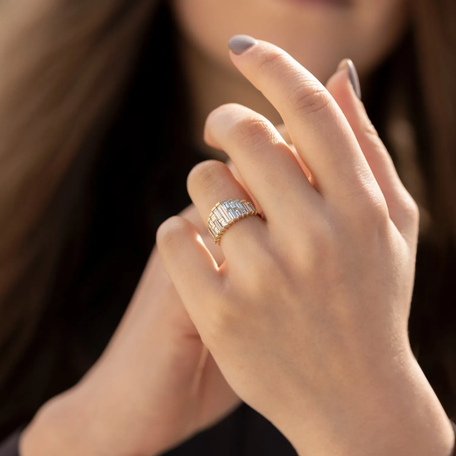 Deco Diamond Engagement Ring with Top Light Brown Baguettes