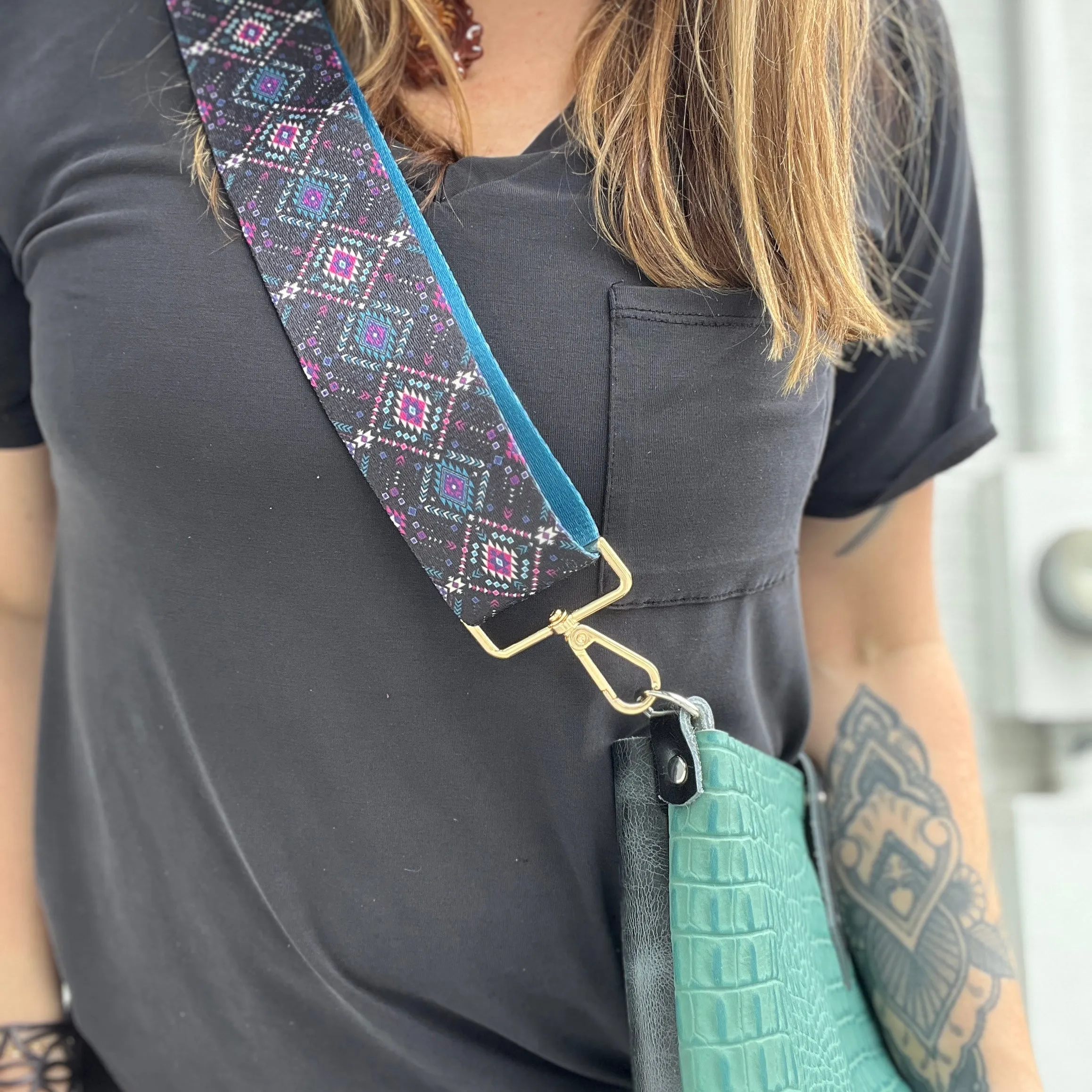 Go Everywhere Crossbody Bag - Turquoise Croc + Glossy Black