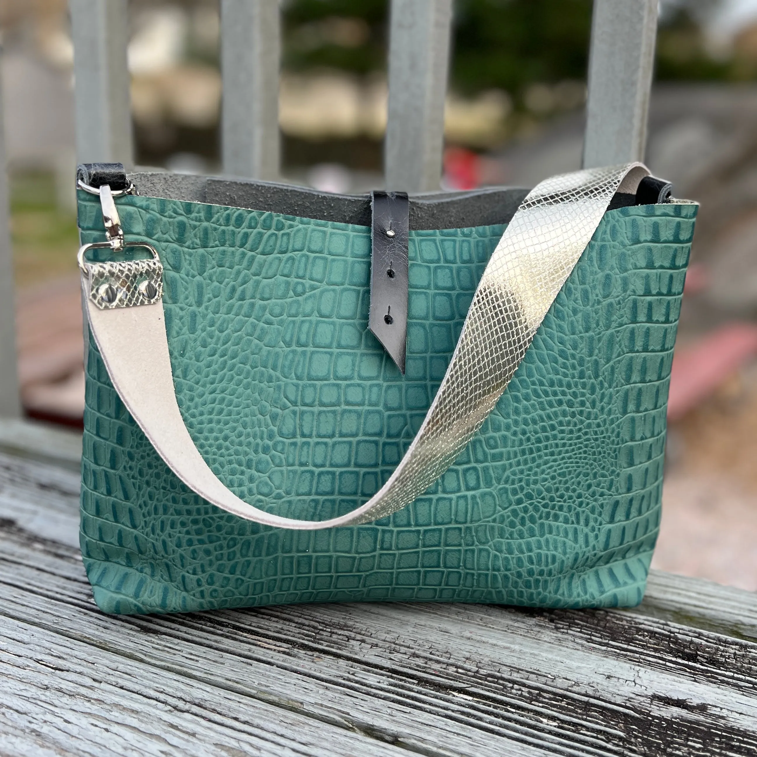 Go Everywhere Crossbody Bag - Turquoise Croc + Glossy Black