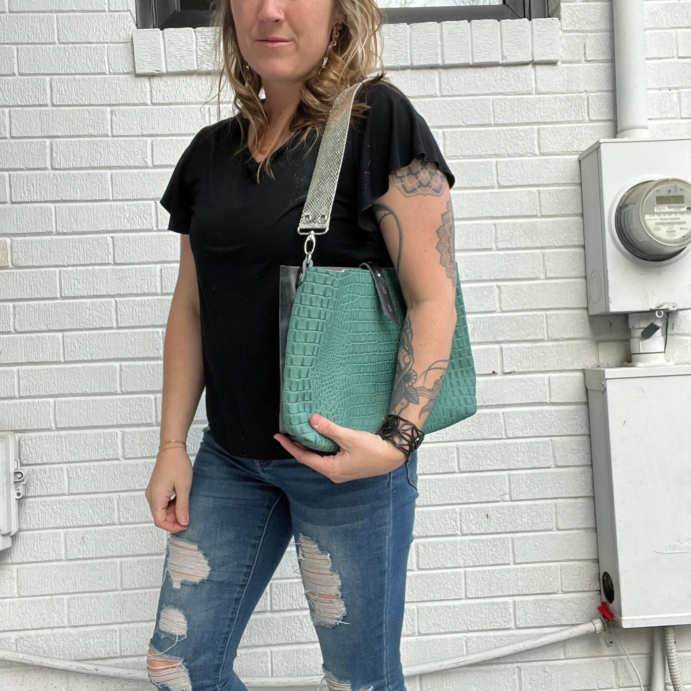 Go Everywhere Crossbody Bag - Turquoise Croc + Glossy Black