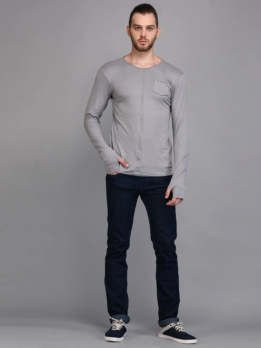 Grey Full Sleeve Paneled T-shirt with Pocket detail