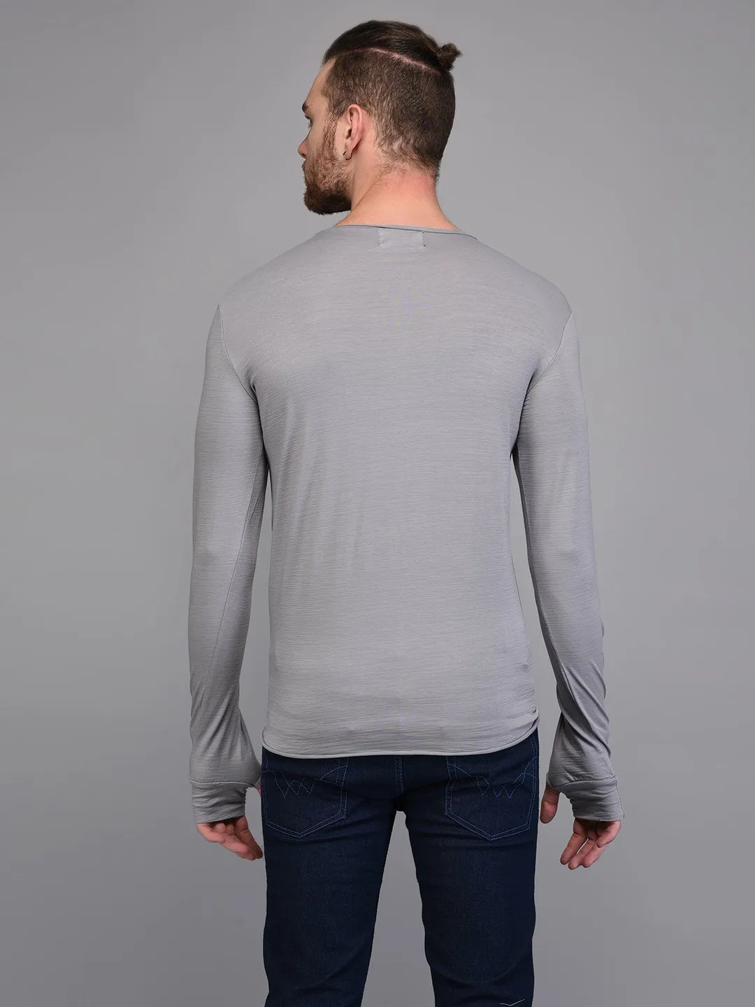 Grey Full Sleeve Paneled T-shirt with Pocket detail