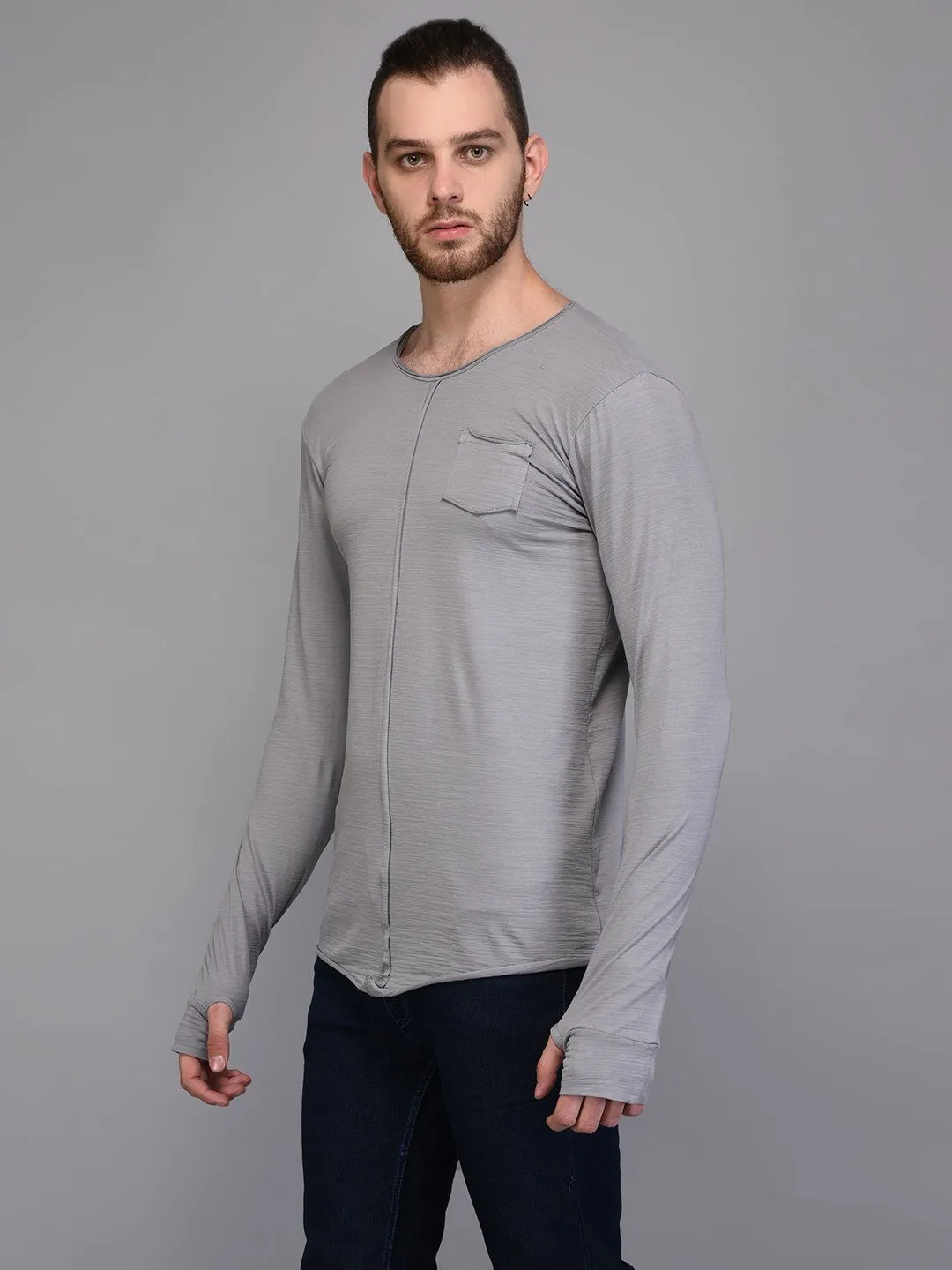 Grey Full Sleeve Paneled T-shirt with Pocket detail