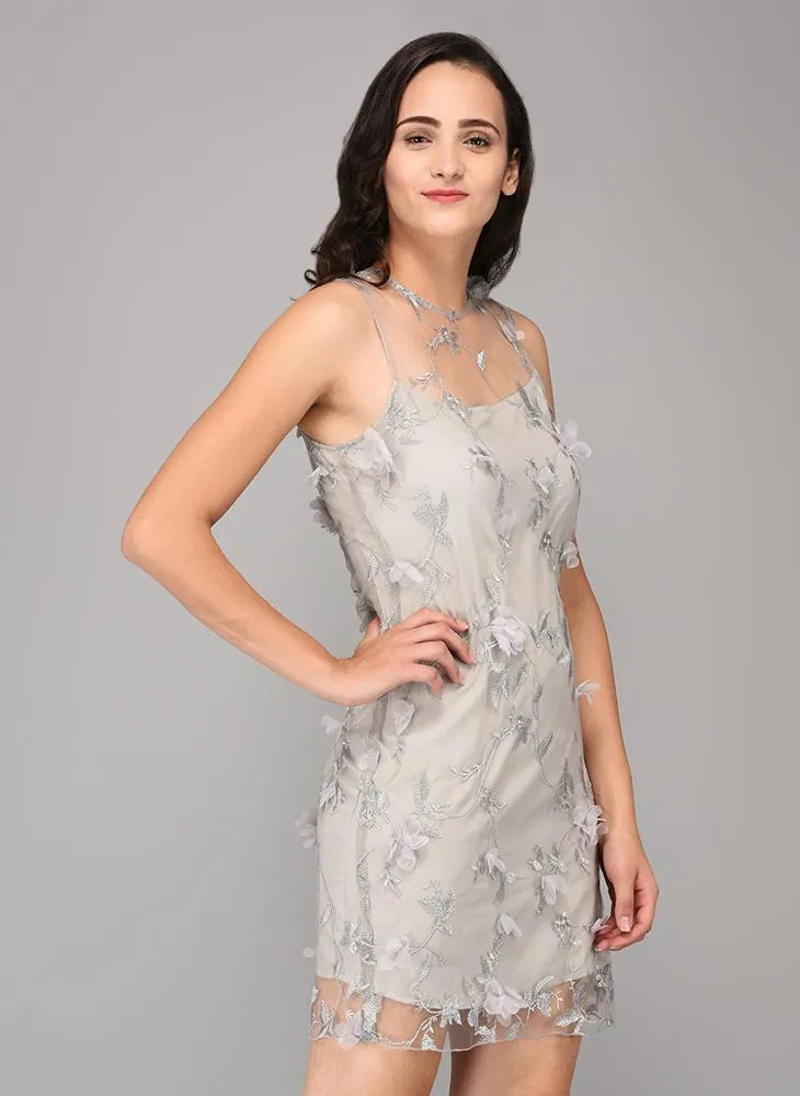 Grey Shift Floral Embellished Dress