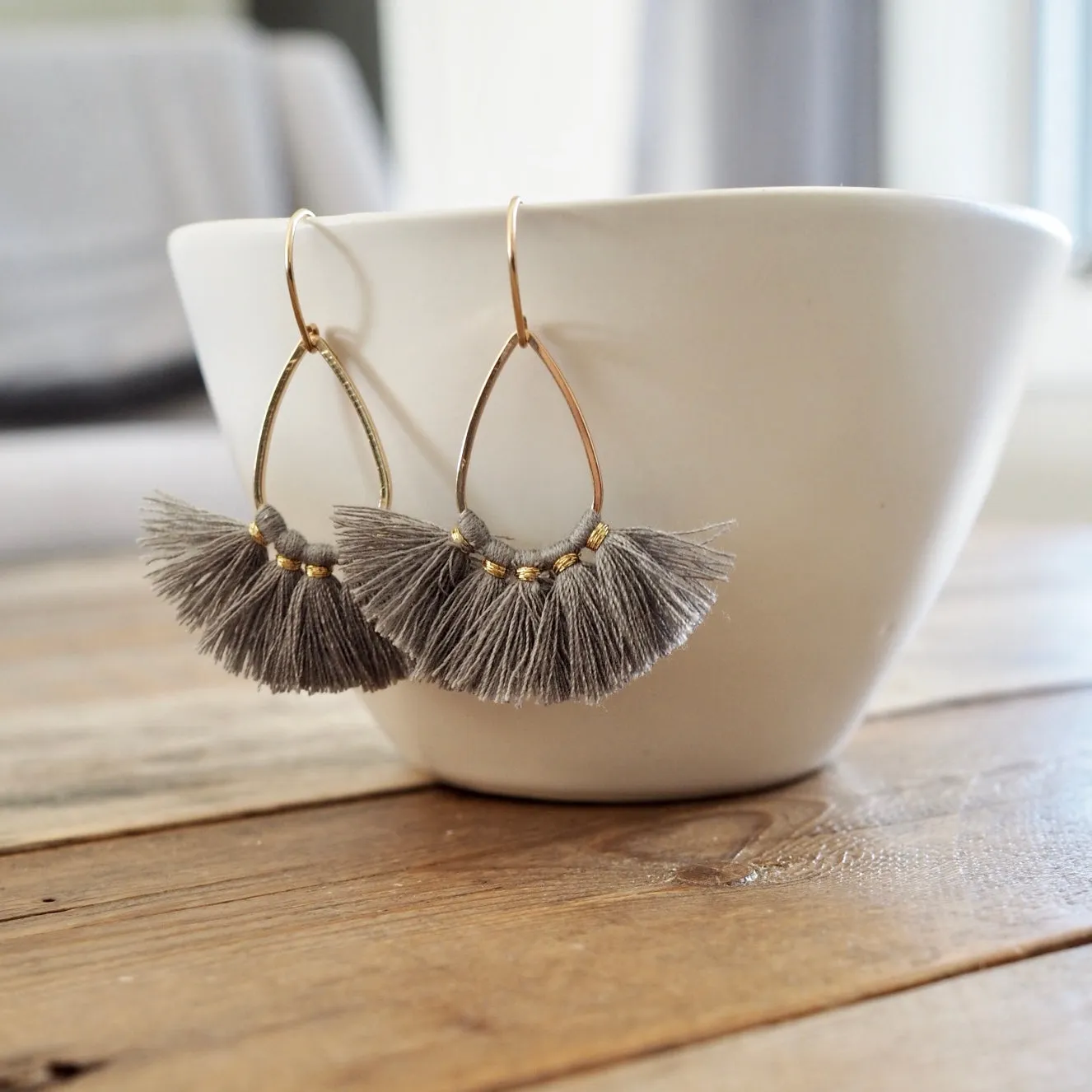 Grey Tassel Teardrop Earrings