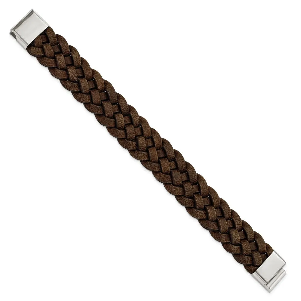 Men's 20mm Stainless Steel & Brown Leather Woven Bracelet, 8.75 Inch