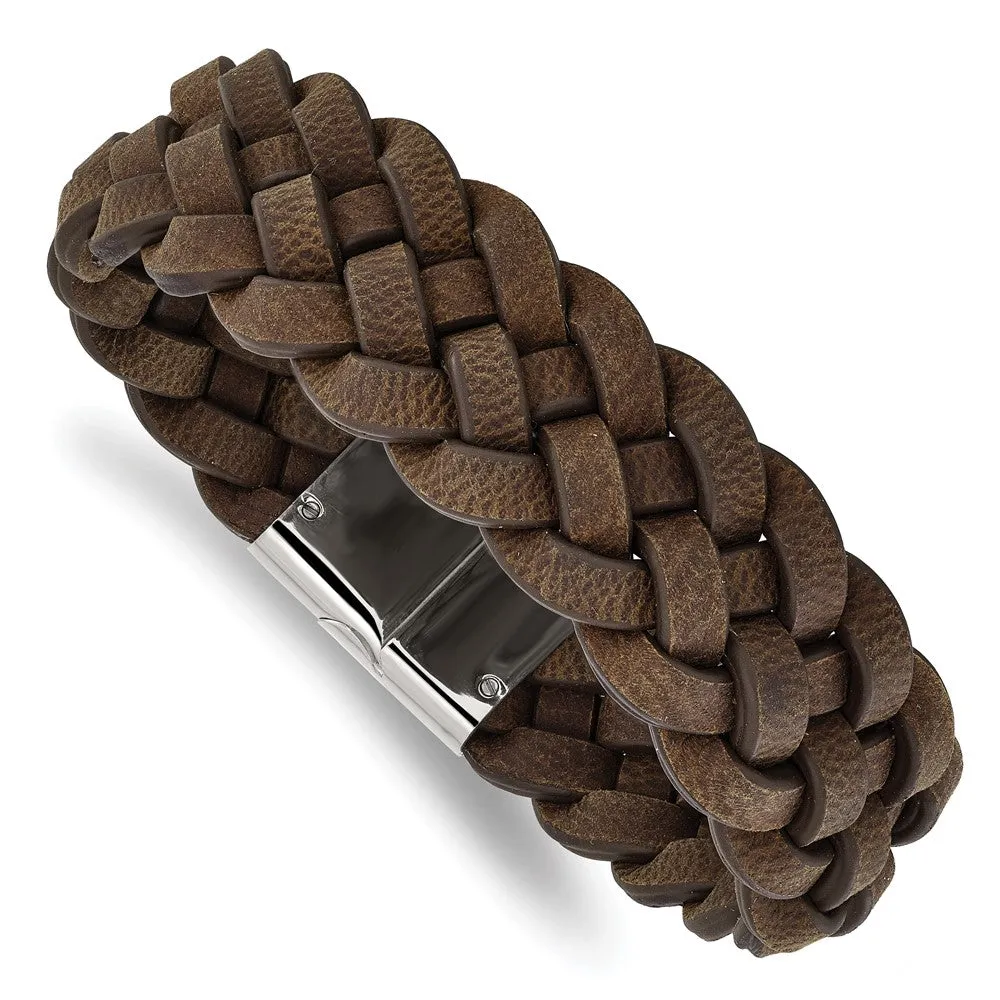 Men's 20mm Stainless Steel & Brown Leather Woven Bracelet, 8.75 Inch