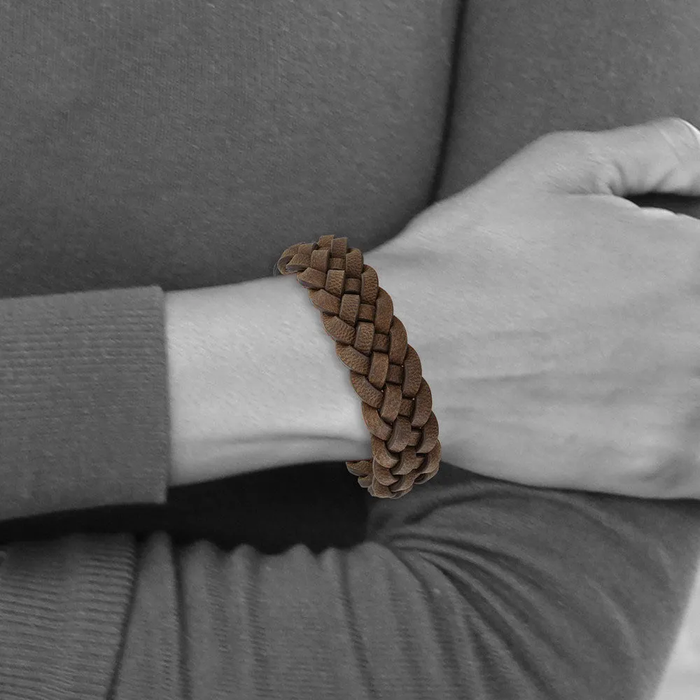 Men's 20mm Stainless Steel & Brown Leather Woven Bracelet, 8.75 Inch