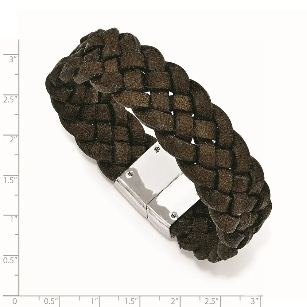 Men's 20mm Stainless Steel & Brown Leather Woven Bracelet, 8.75 Inch