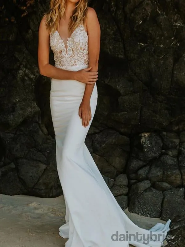 Mermaid Sexy V-neck Lace Open Back Wedding Dresses,DB10257