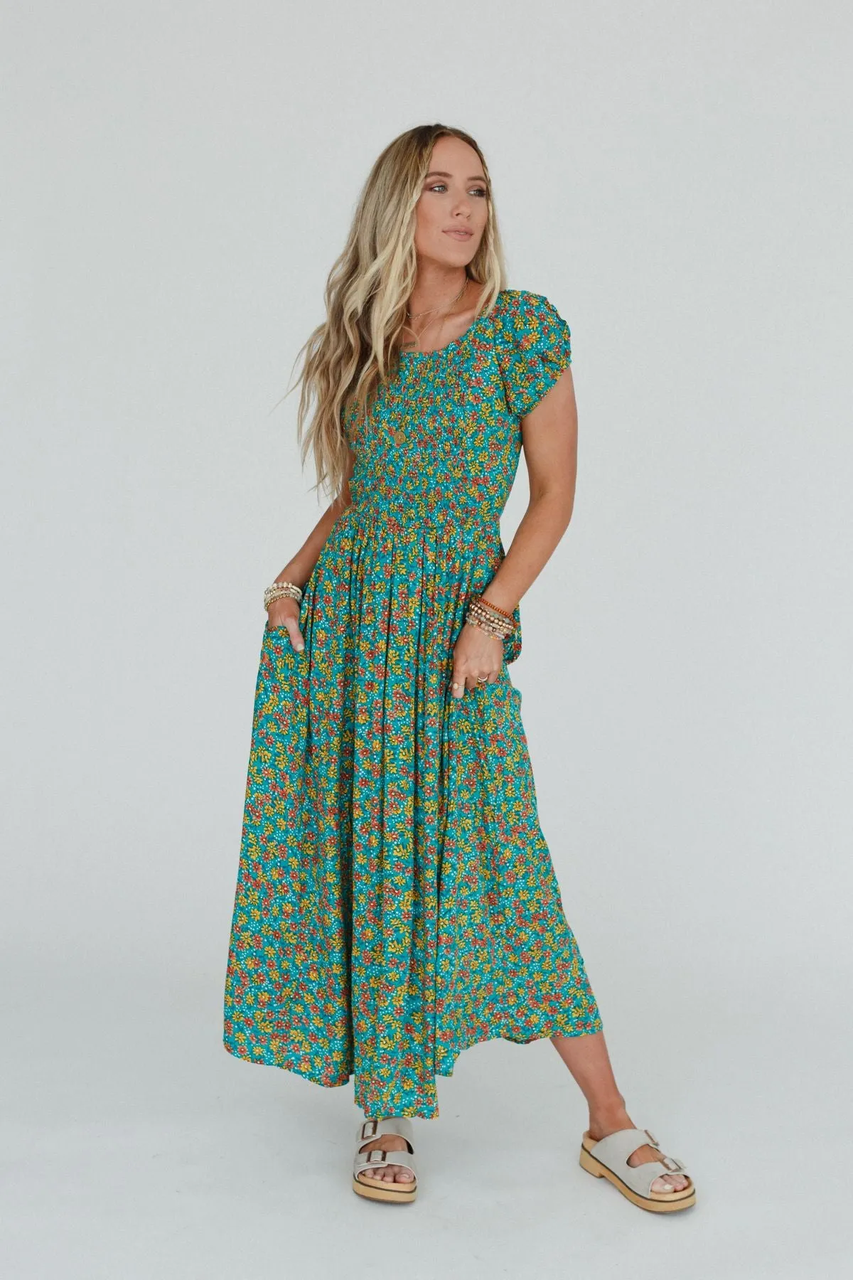 Misha Floral Print Open Back Dress - Green