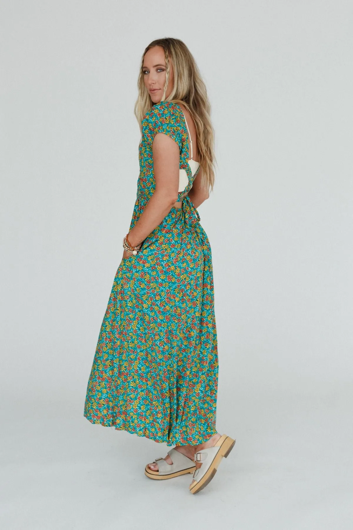 Misha Floral Print Open Back Dress - Green