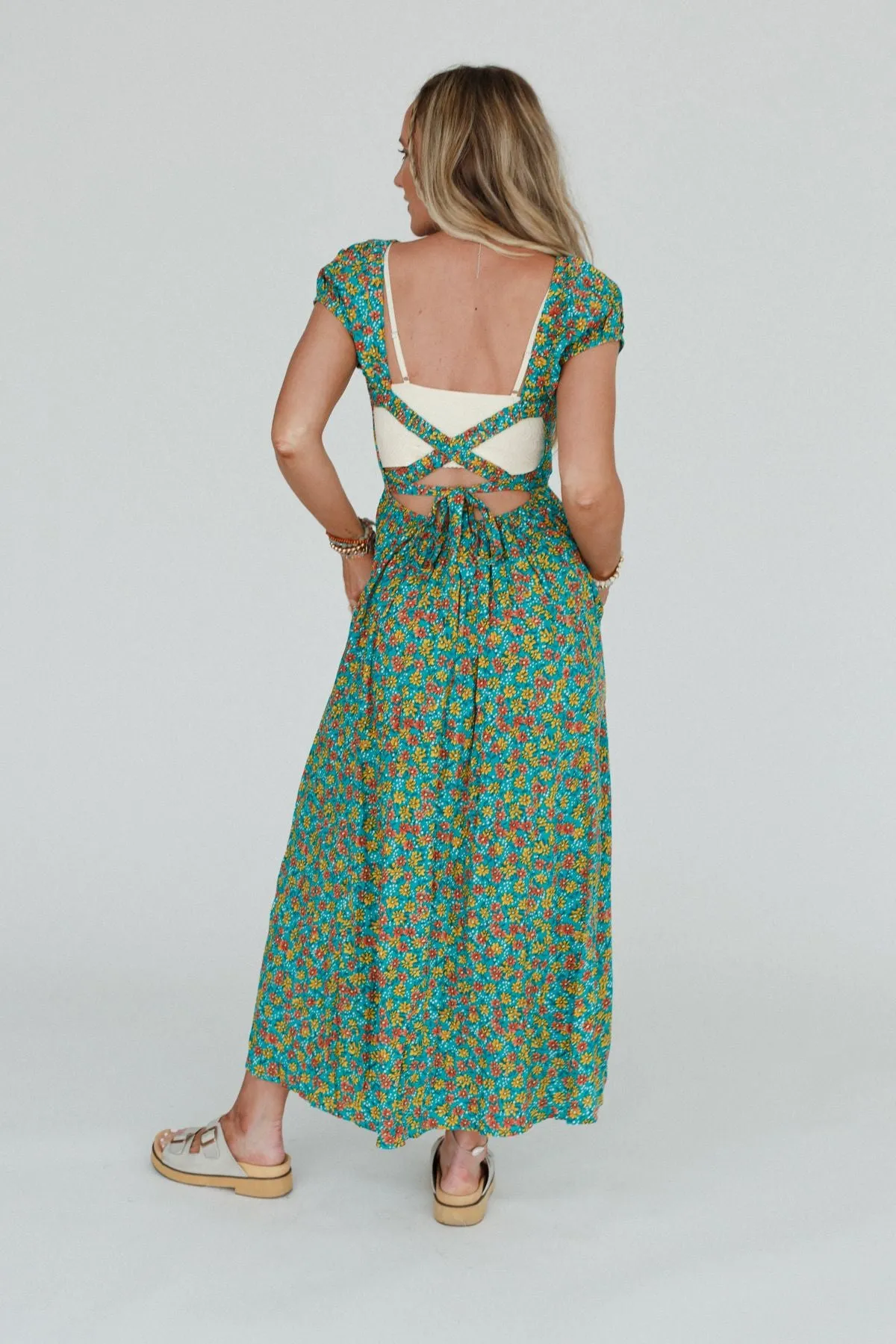 Misha Floral Print Open Back Dress - Green