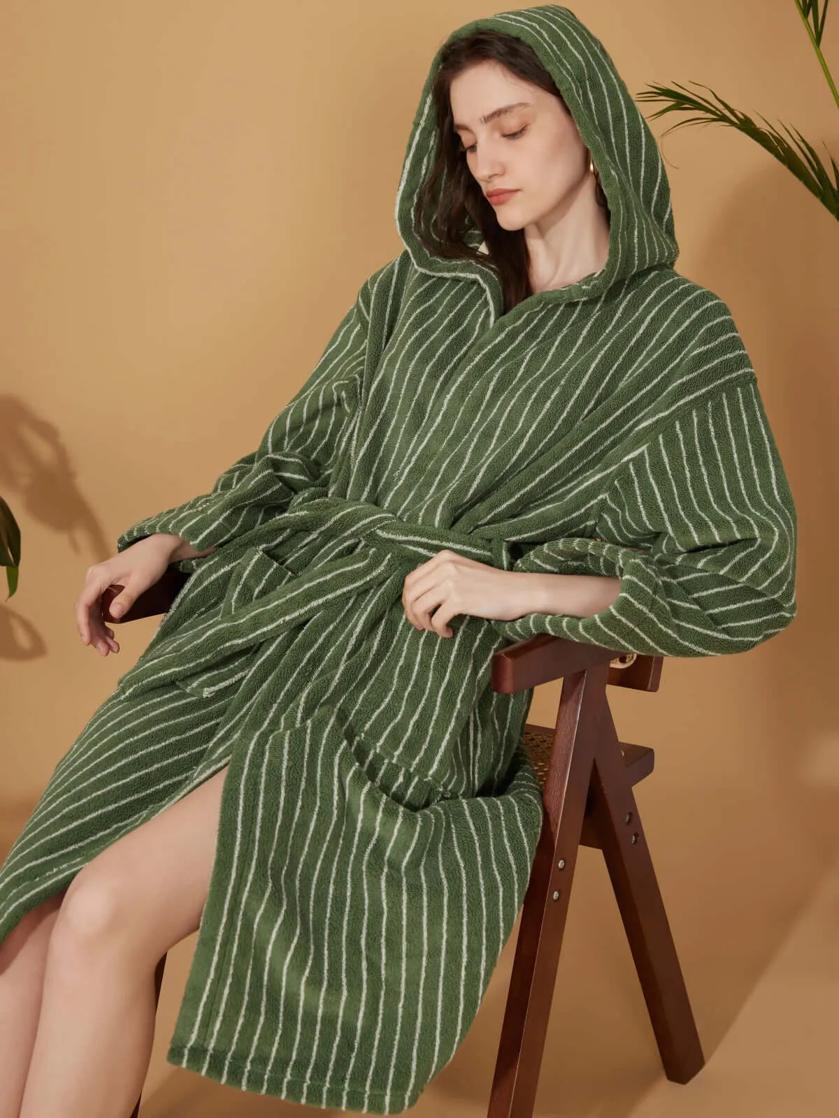 Organic Cotton Striped Bathrobe Green