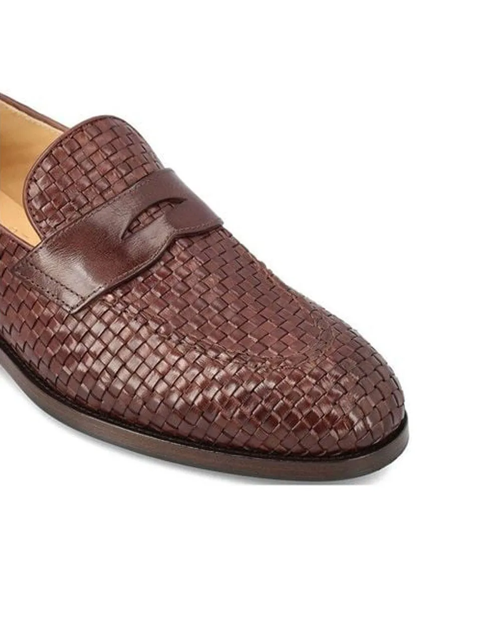 Penny Slot Woven Leather Loafer in Brown