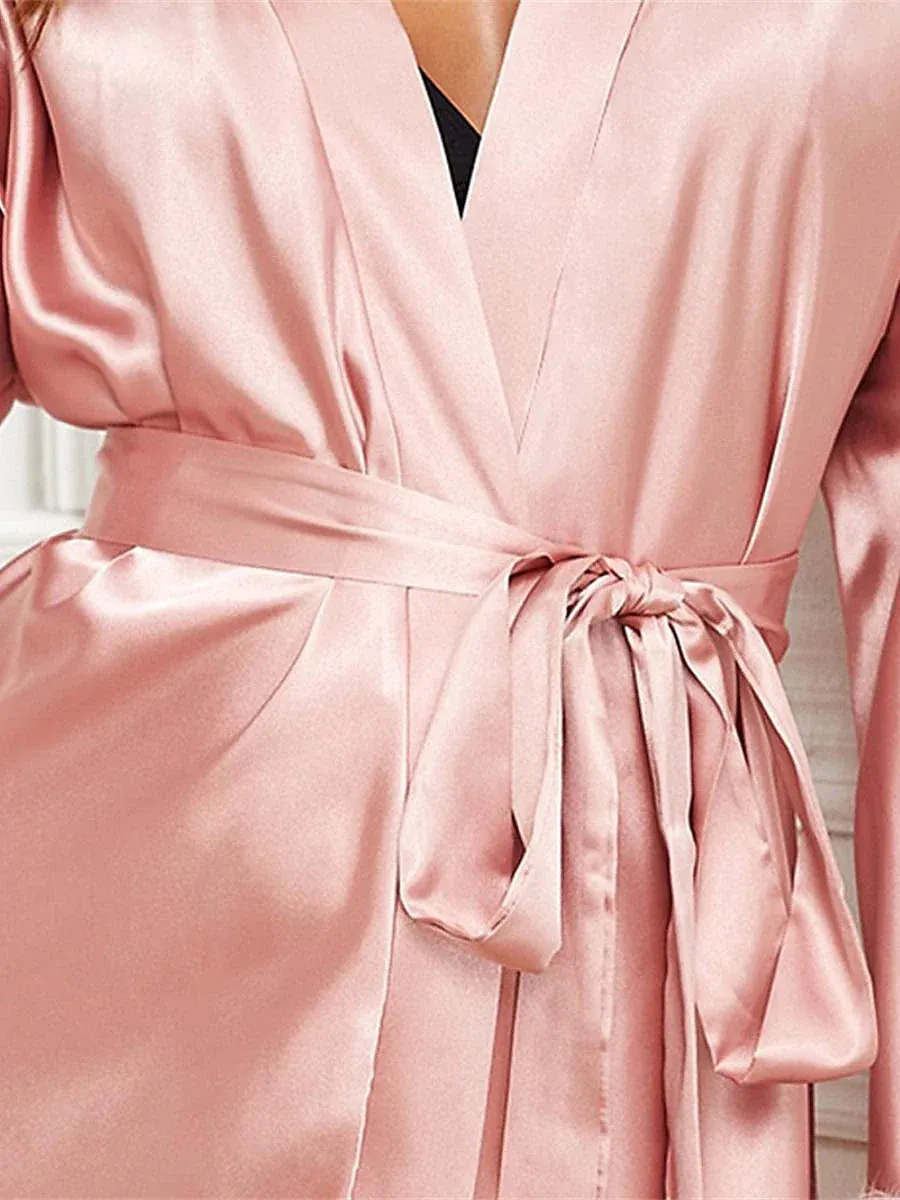 Pink Wine Satin Bathrobe with V Wire Long Sleeve for Women