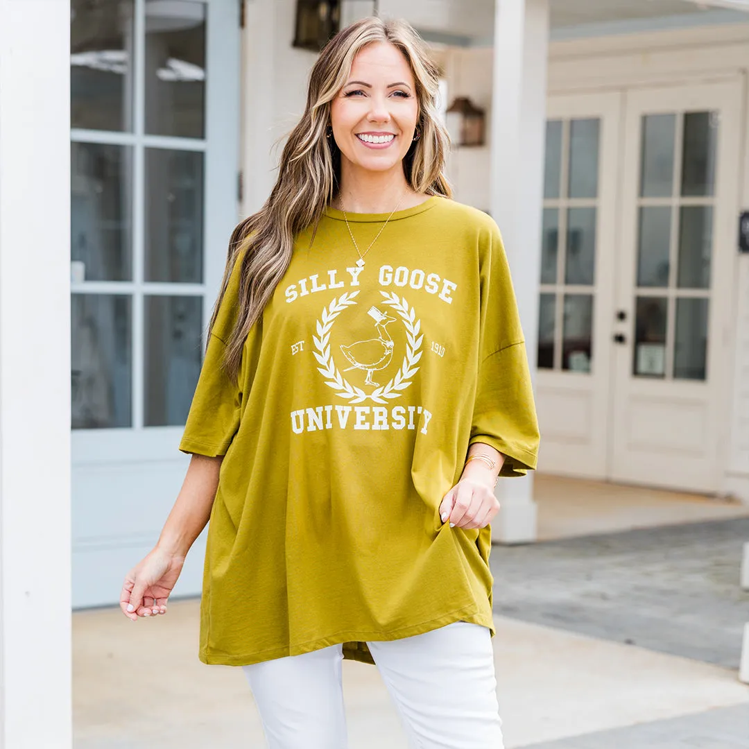 Silly Goose University Boyfriend Tee, Olive Mustard