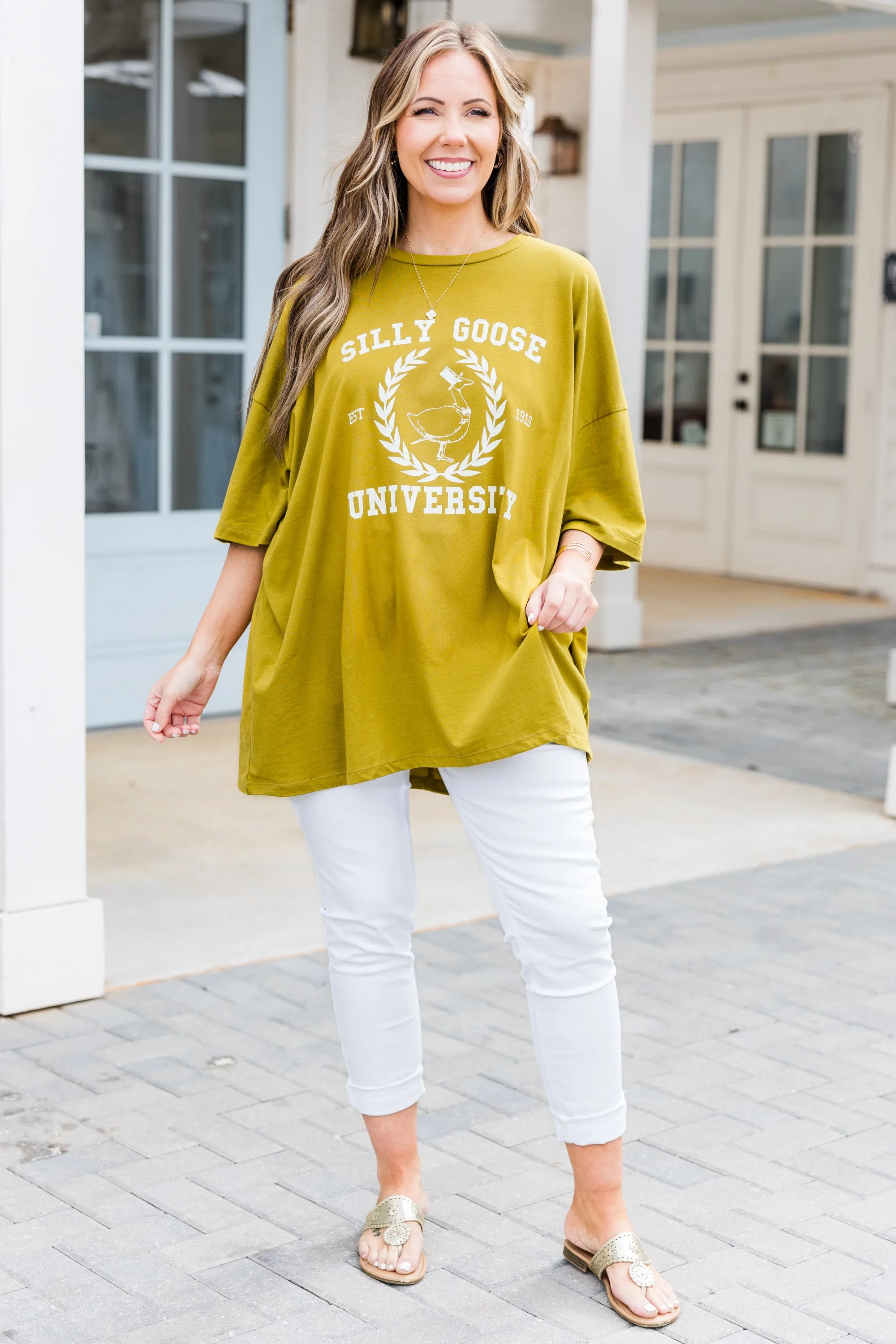 Silly Goose University Boyfriend Tee, Olive Mustard