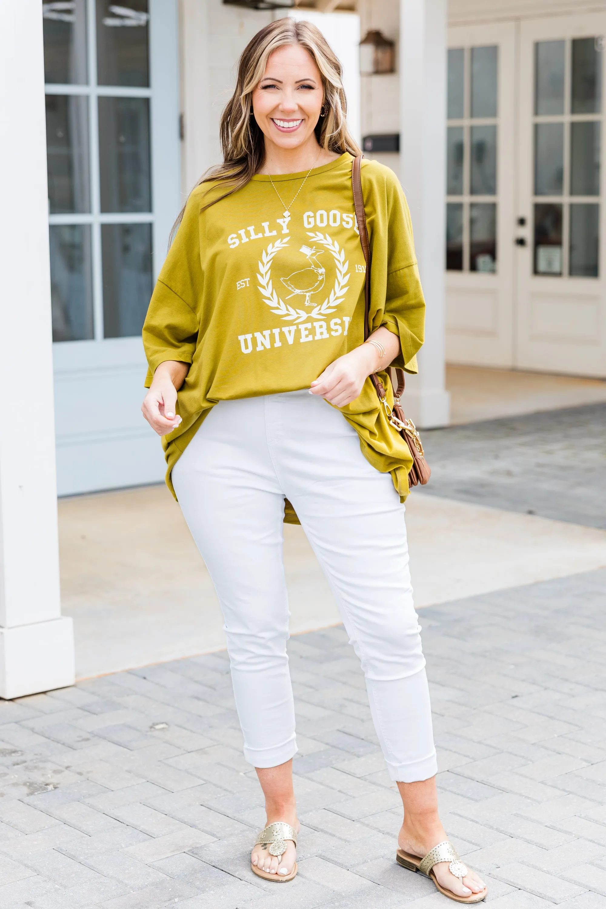 Silly Goose University Boyfriend Tee, Olive Mustard