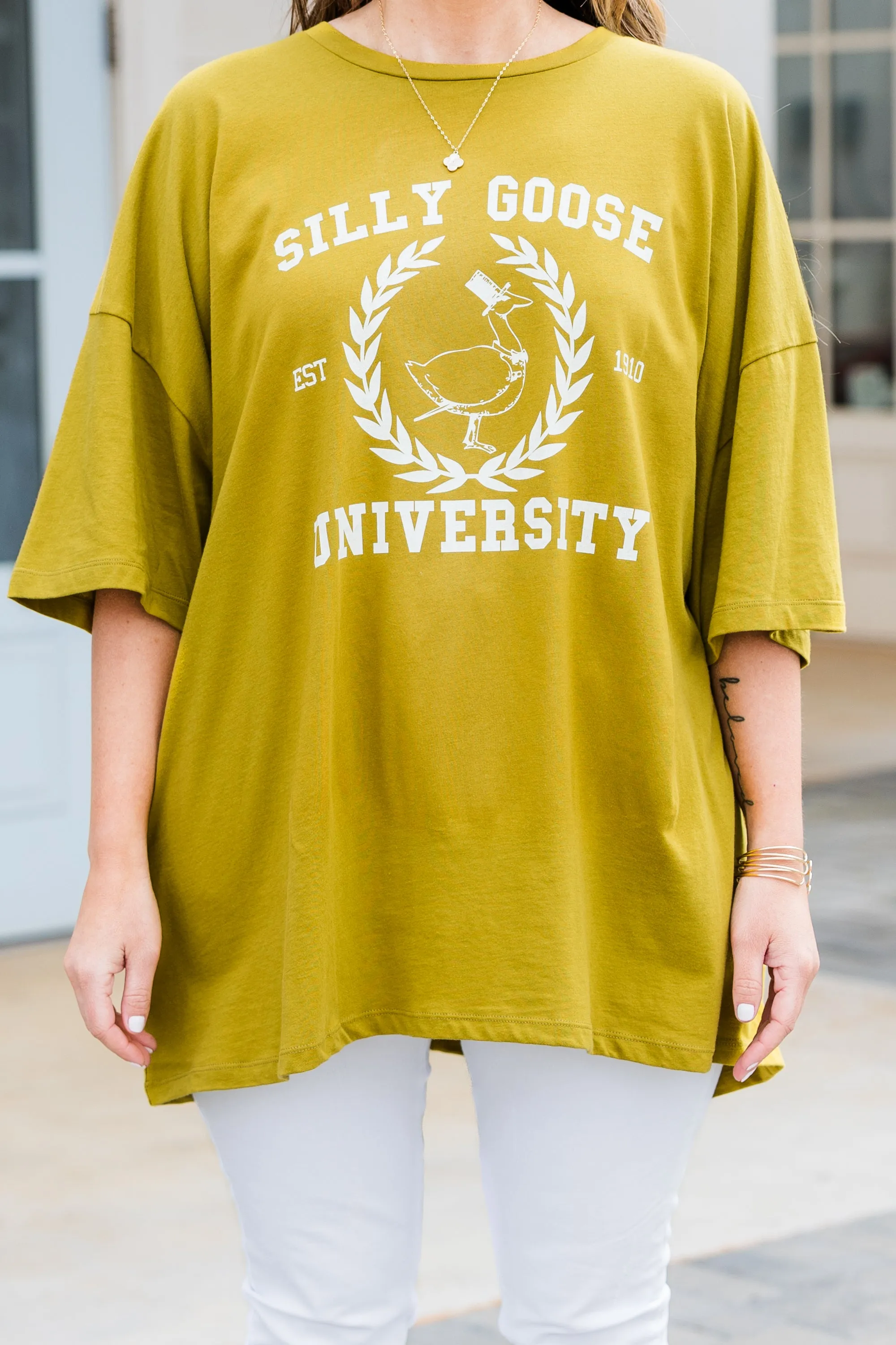 Silly Goose University Boyfriend Tee, Olive Mustard