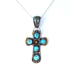 Sleeping Beauty Turquoise Cross Pendant Necklace Sterling Southwestern