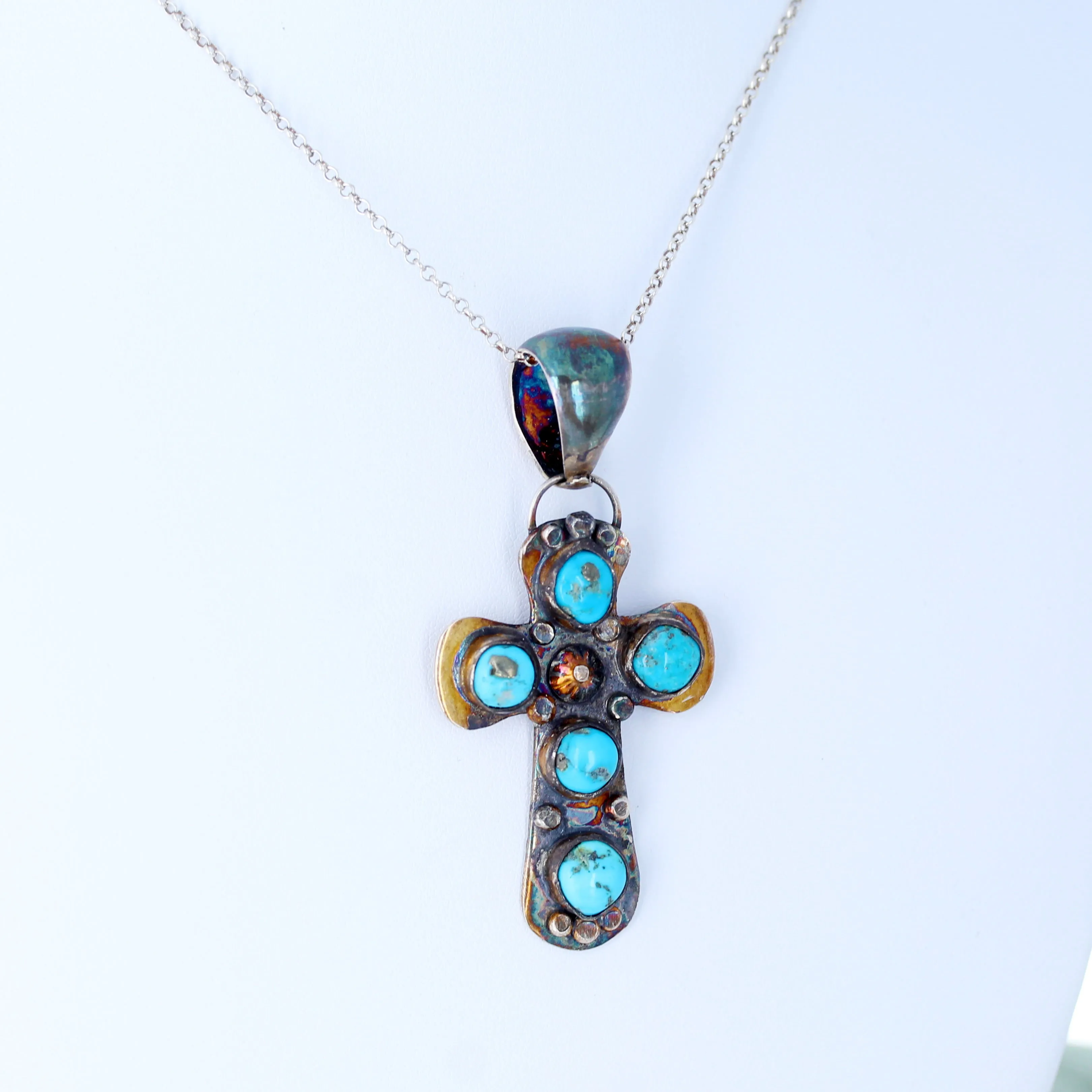 Sleeping Beauty Turquoise Cross Pendant Necklace Sterling Southwestern