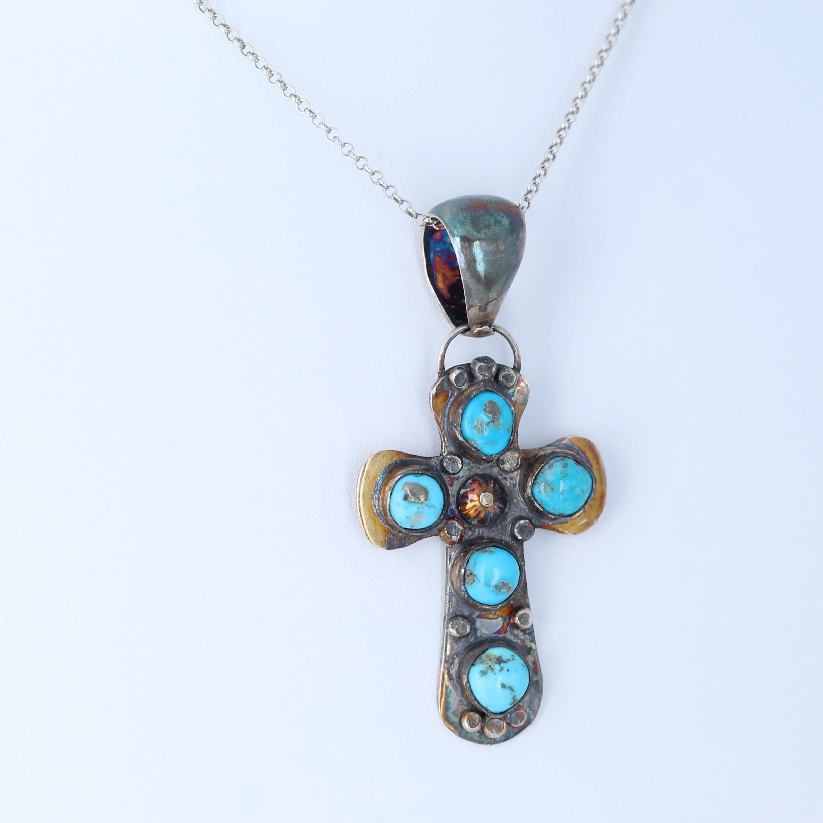 Sleeping Beauty Turquoise Cross Pendant Necklace Sterling Southwestern