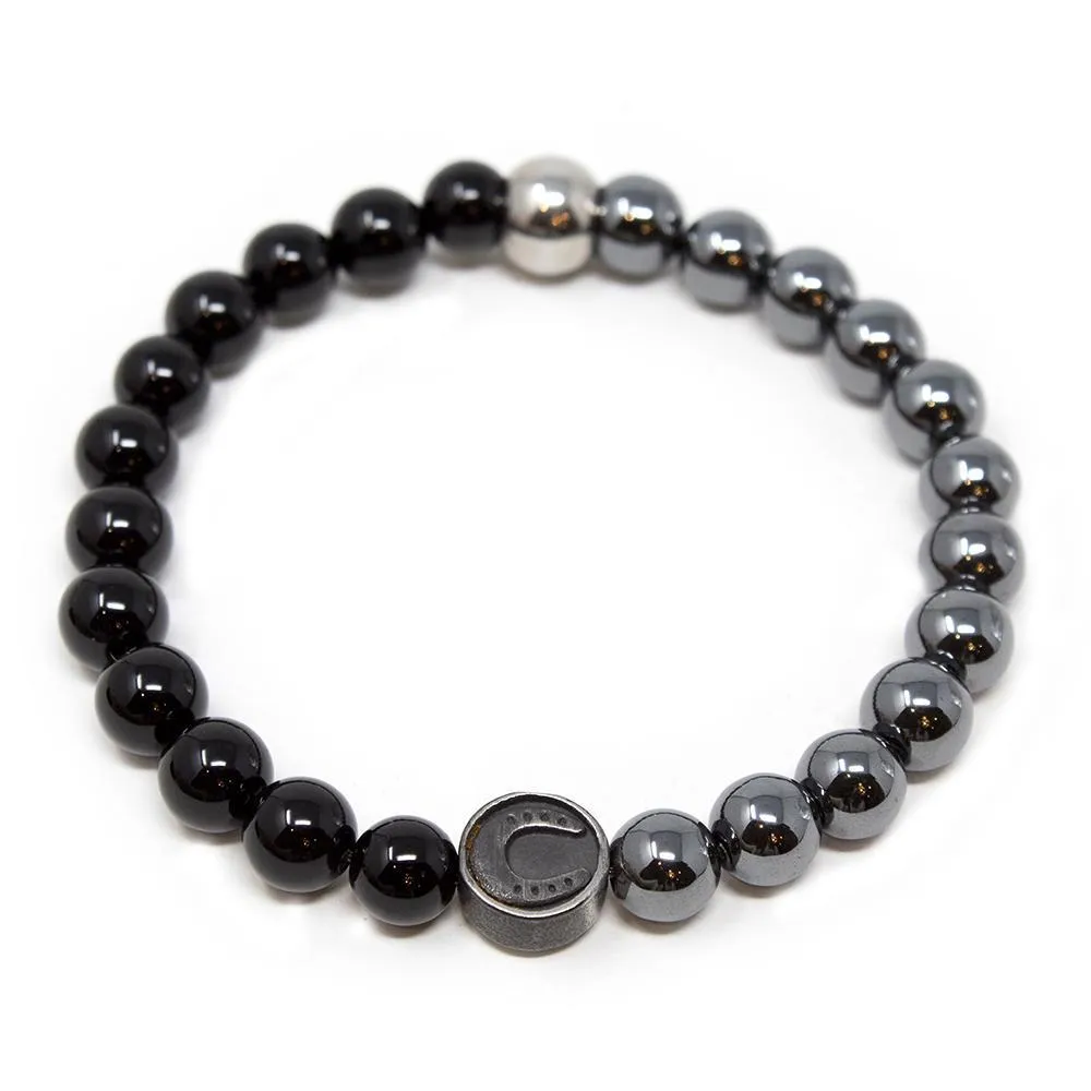 Stainless Steel Beaded Bracelet Horseshoe Black Grey