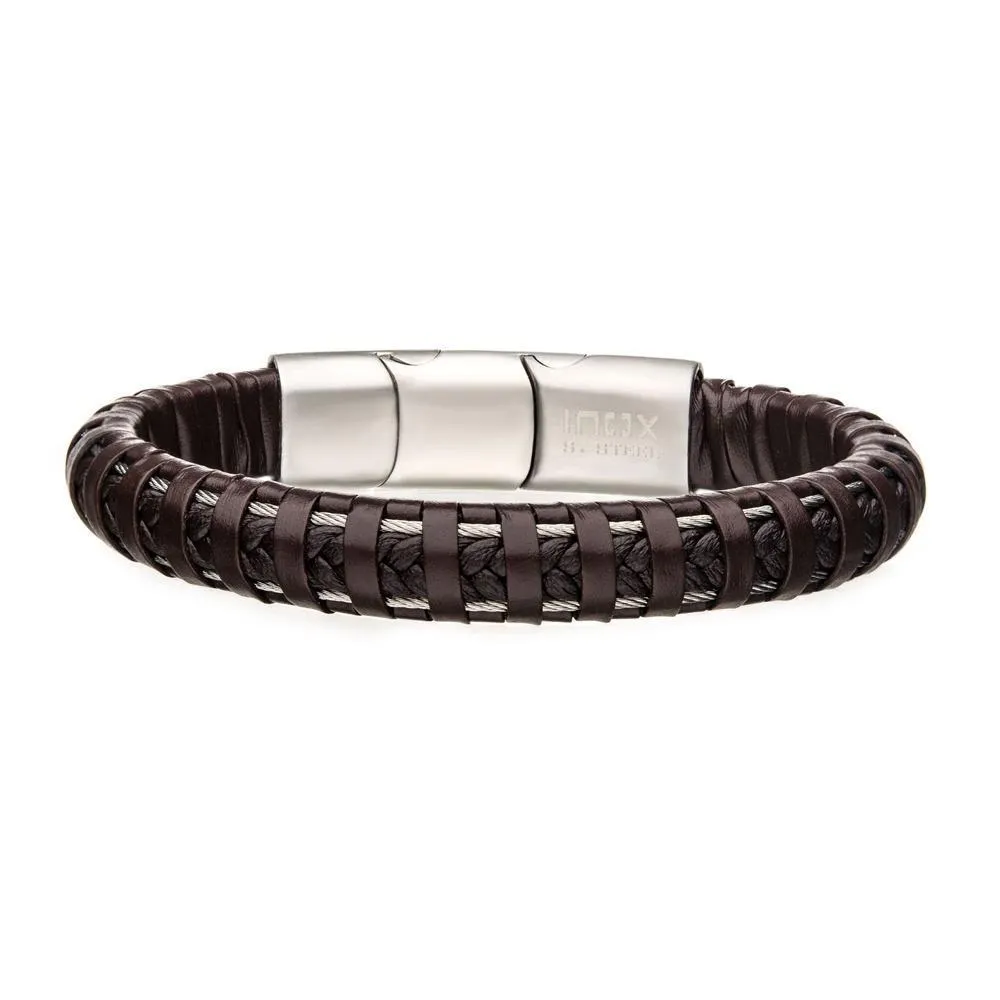 Stainless Steel Brown Leather Bracelet with Cable Braided