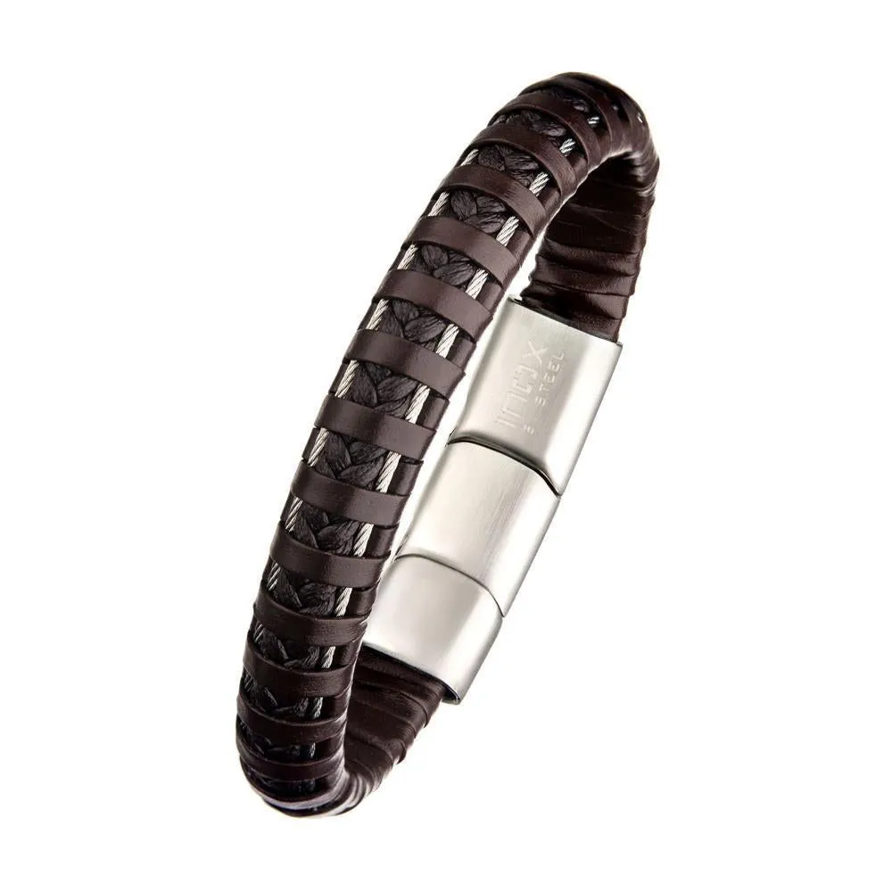 Stainless Steel Brown Leather Bracelet with Cable Braided