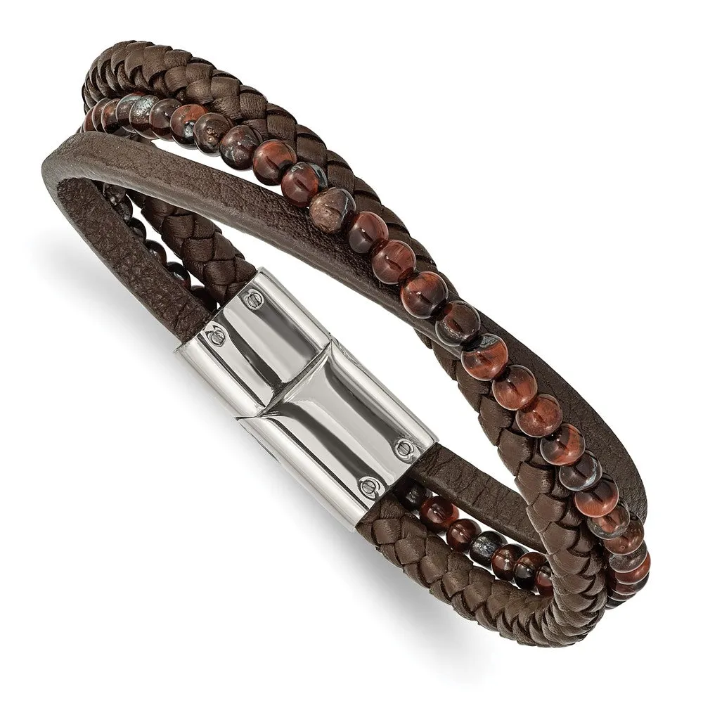 Stainless Steel, Brown Tiger's Eye & Brown Leather Bracelet, 8.25 Inch