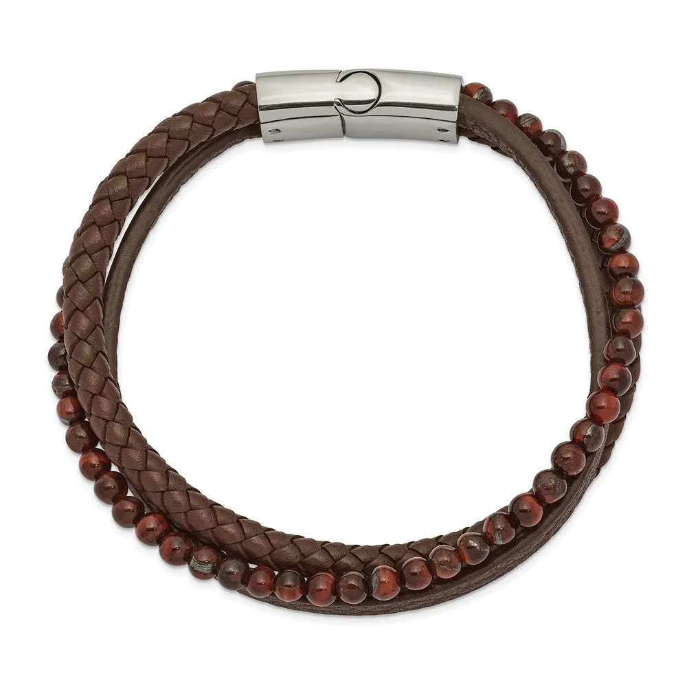 Stainless Steel, Brown Tiger's Eye & Brown Leather Bracelet, 8.25 Inch