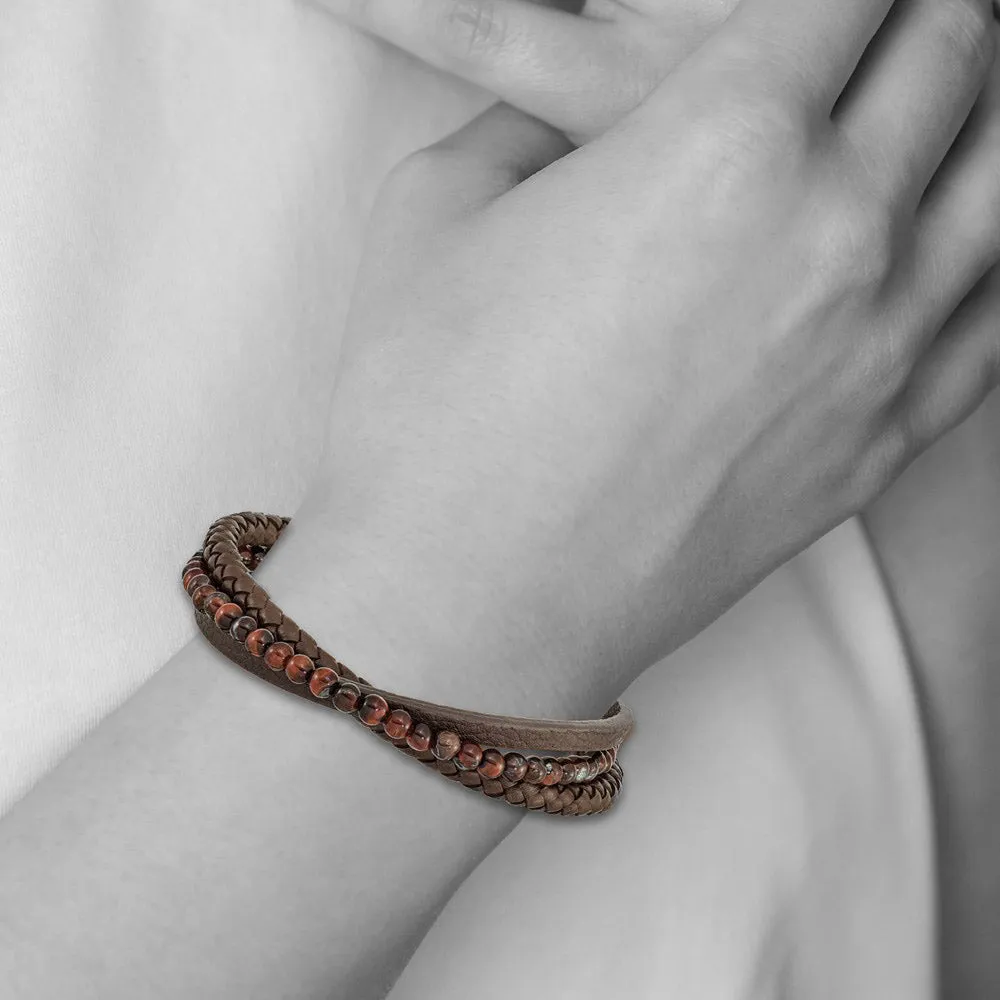 Stainless Steel, Brown Tiger's Eye & Brown Leather Bracelet, 8.25 Inch