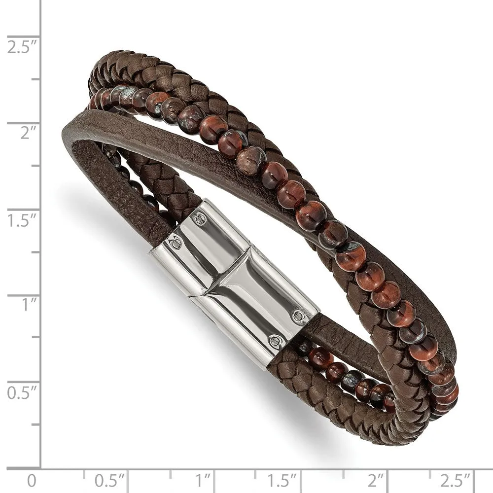 Stainless Steel, Brown Tiger's Eye & Brown Leather Bracelet, 8.25 Inch